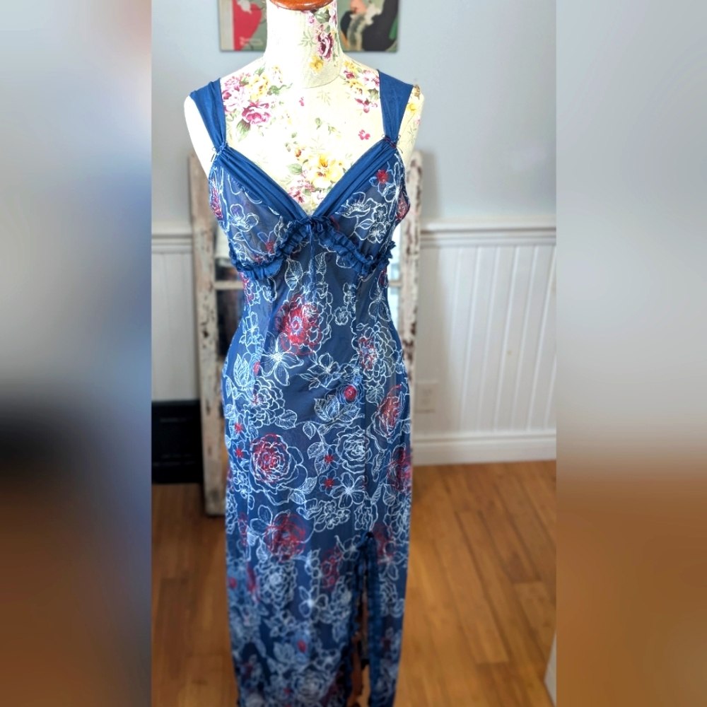 La Vie En Rose‎ floral Lace Nightgown - Blue and Red